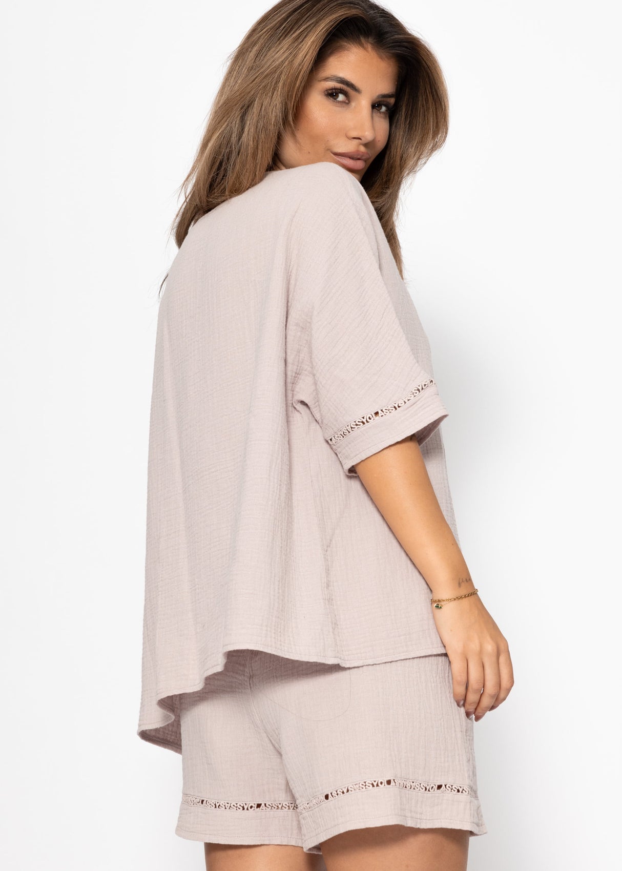 Musselin Pyjamashirt mit Spitzenborte - altrosa