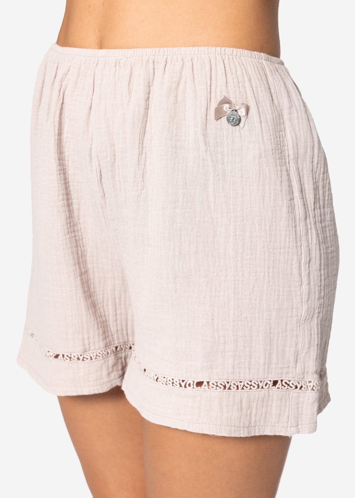 Musselin Pyjamashorts mit Spitzenborte - altrosa