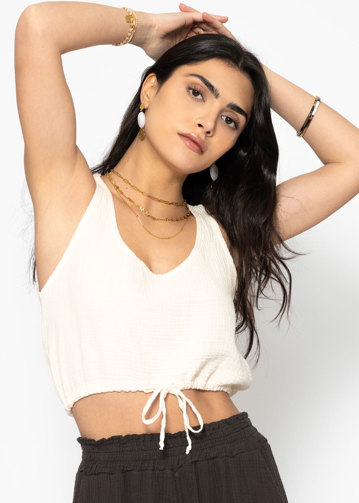 Musselin Top mit Zugband - hellbeige