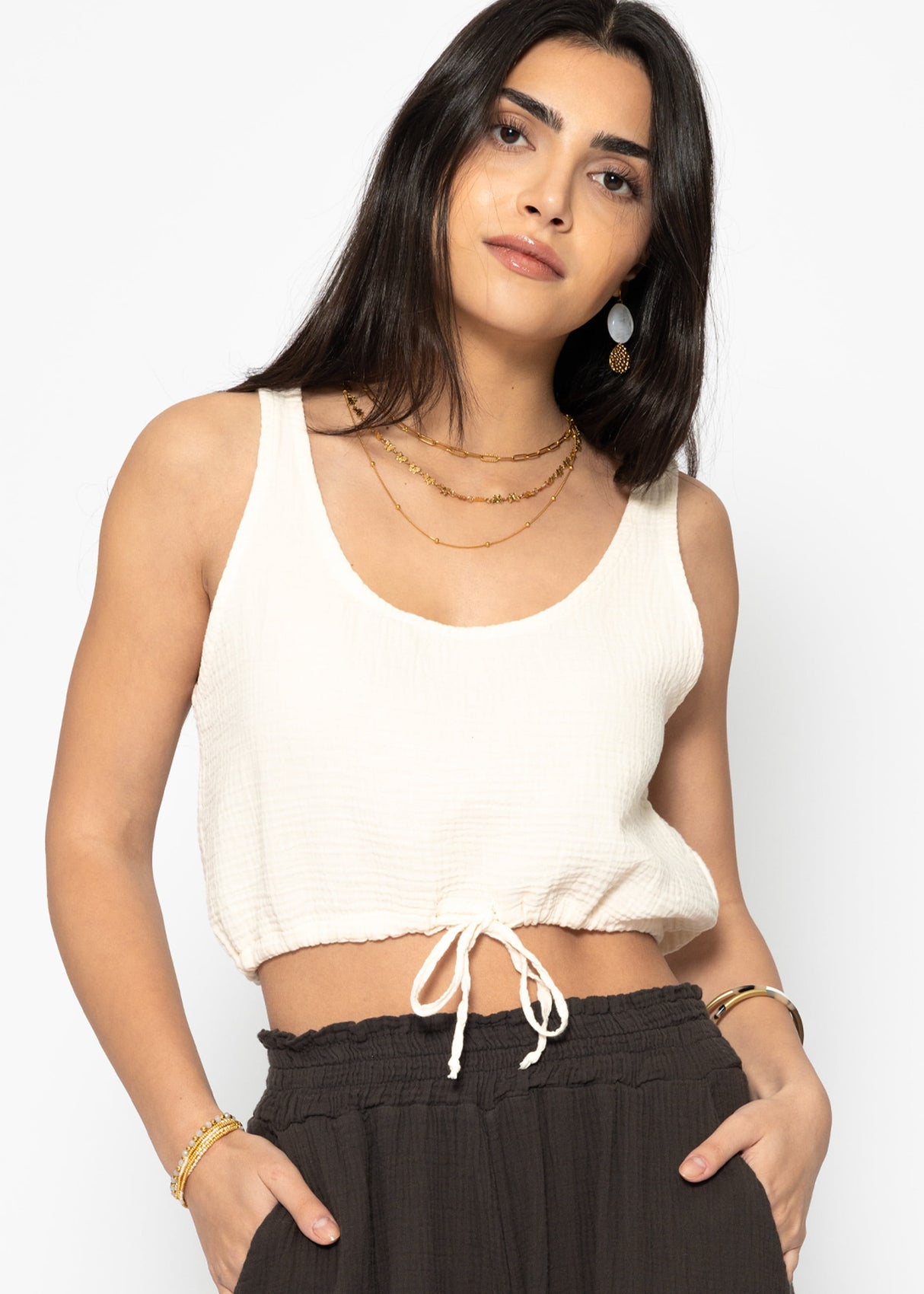 Musselin Top mit Zugband - hellbeige