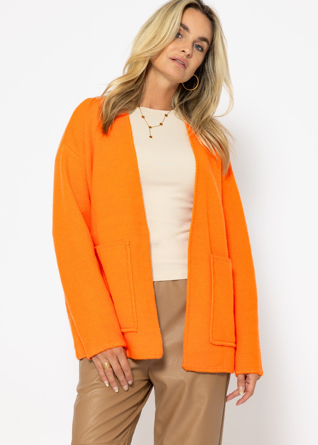 Open cardigan with patch pockets - mandarin