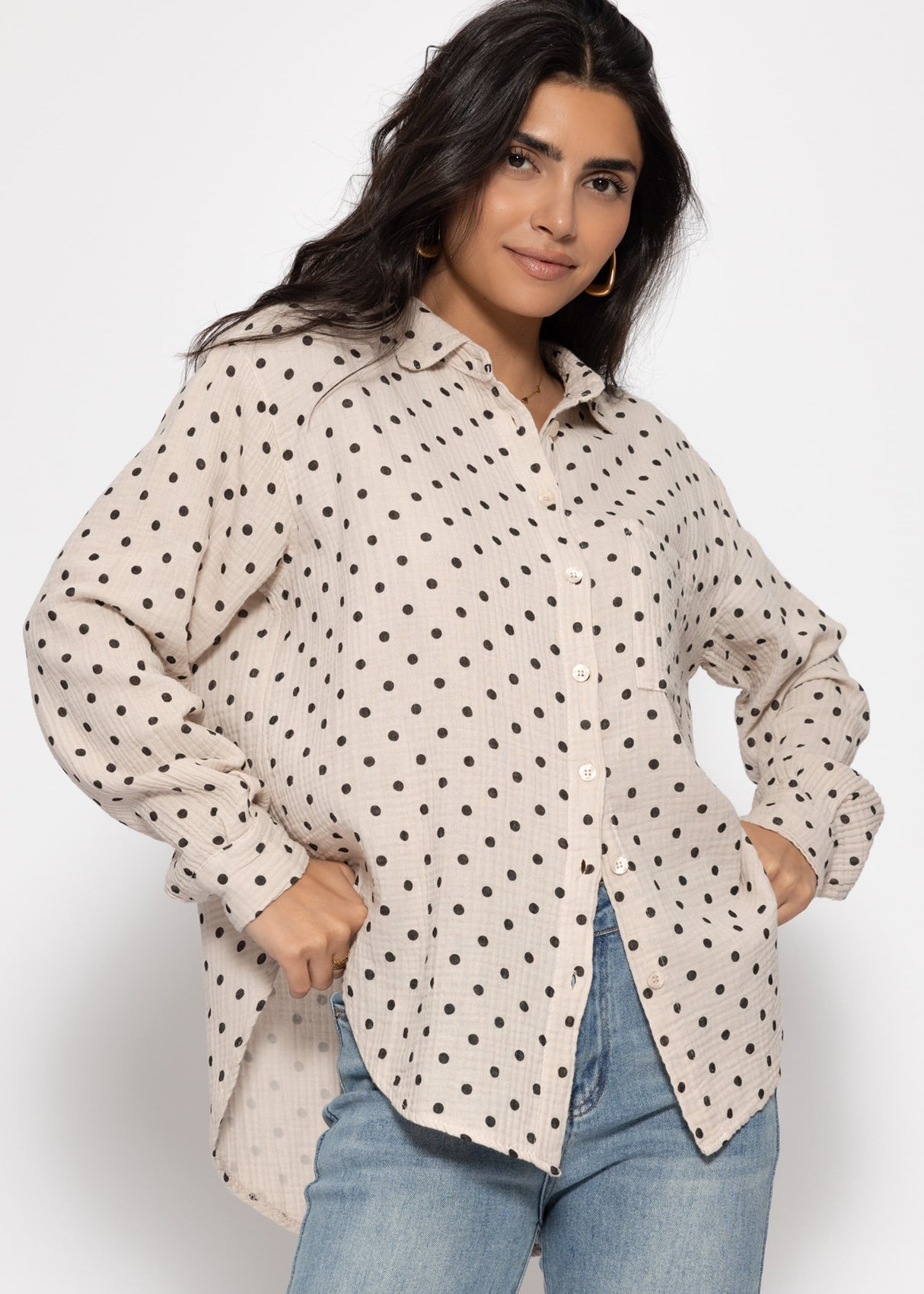 Oversized Muslin Blouse with Brown Dots - Beige
