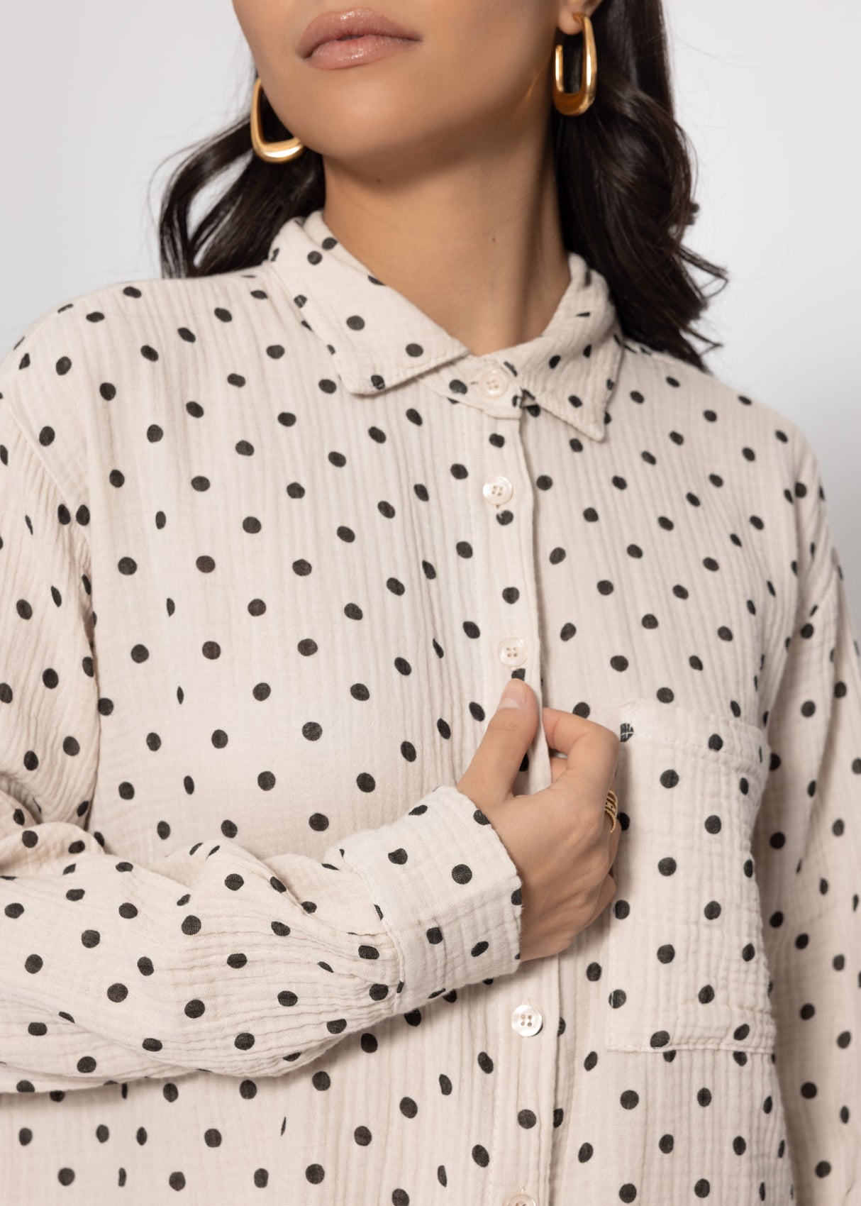 Oversized Muslin Blouse with Brown Dots - Beige