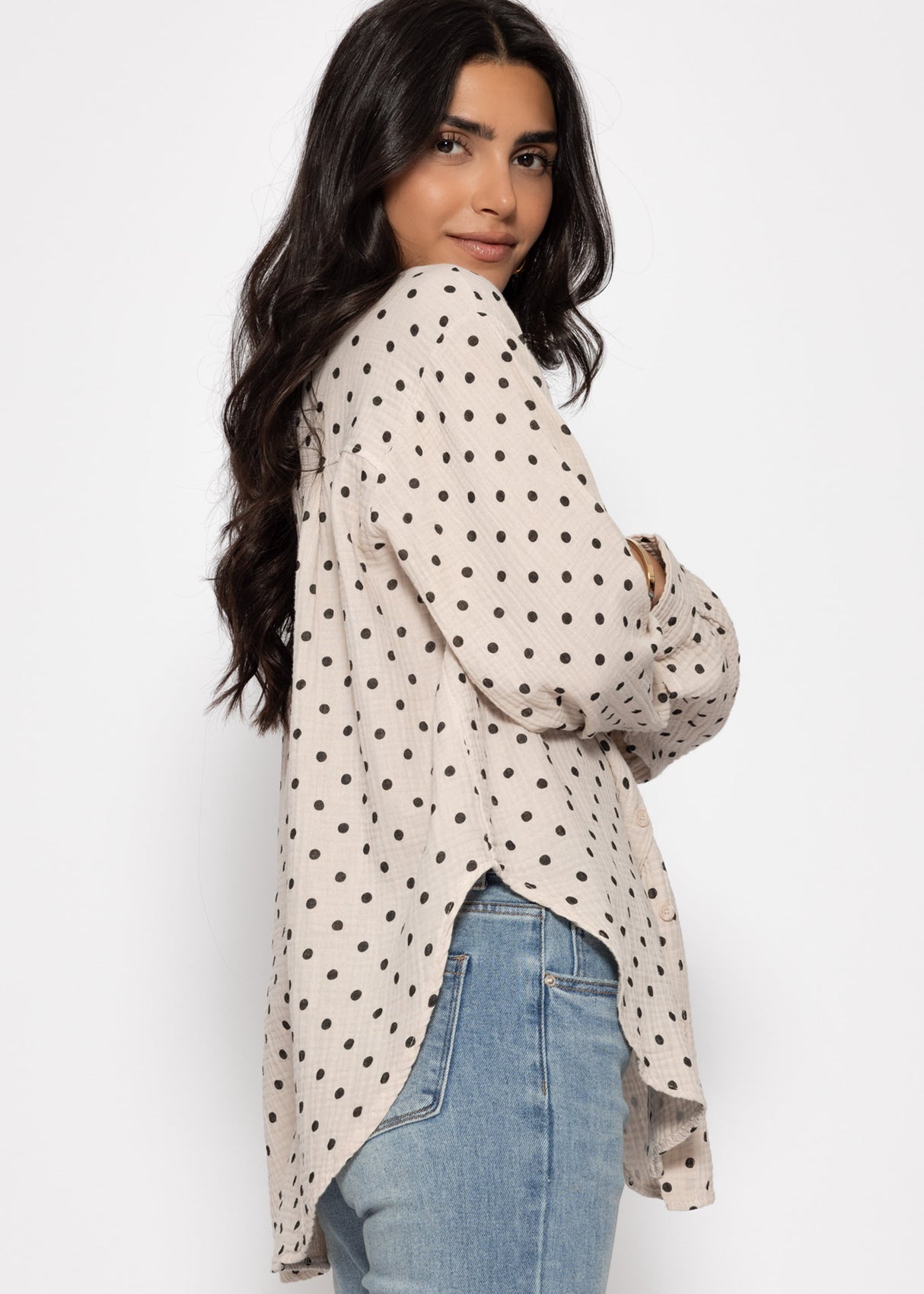 Oversized Muslin Blouse with Brown Dots - Beige