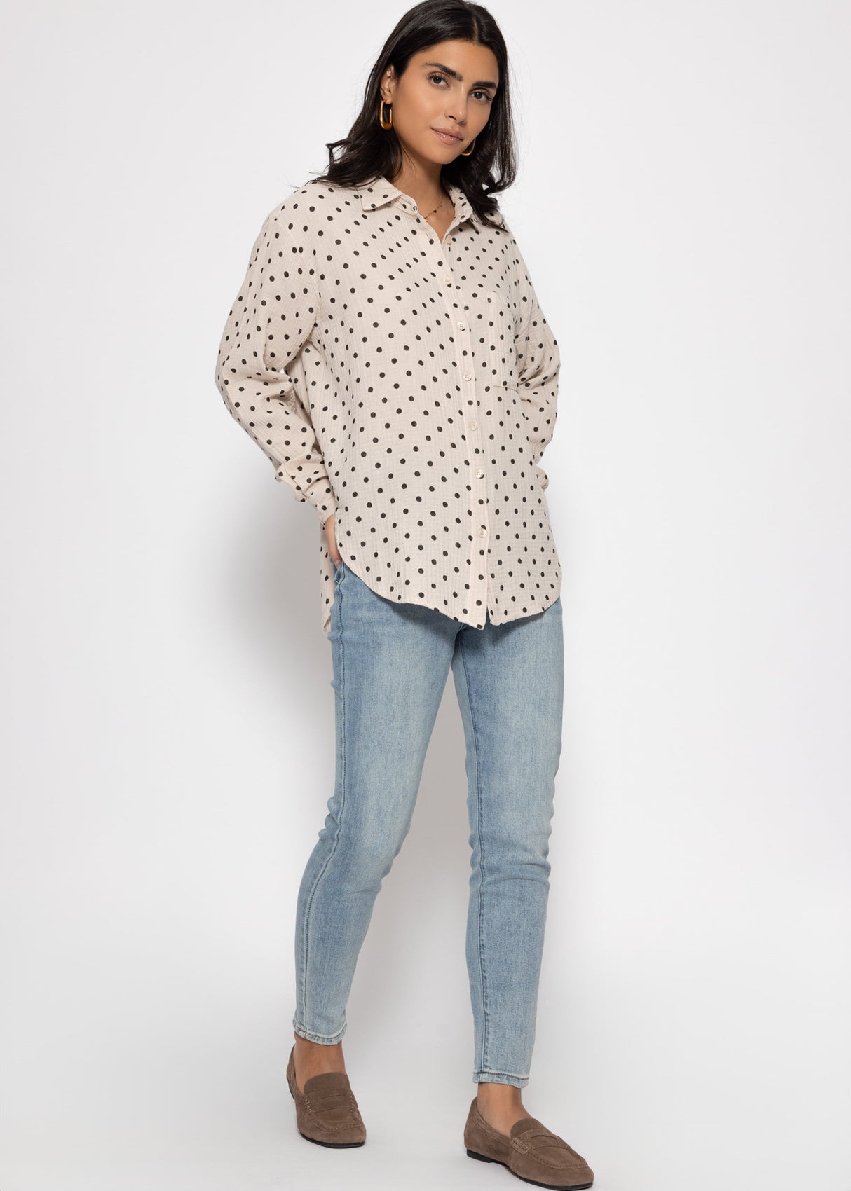 Oversized Muslin Blouse with Brown Dots - Beige