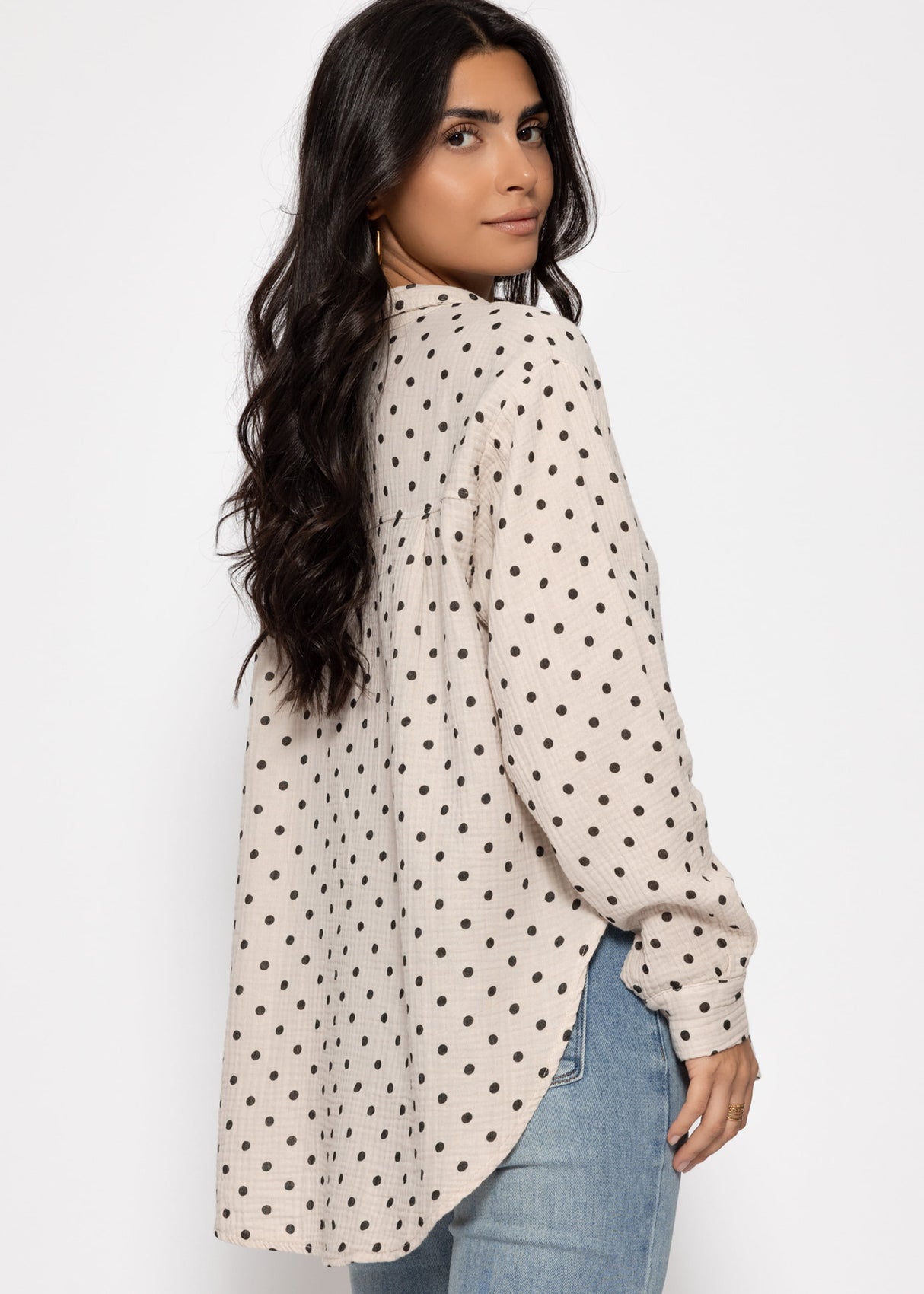 Oversized Muslin Blouse with Brown Dots - Beige