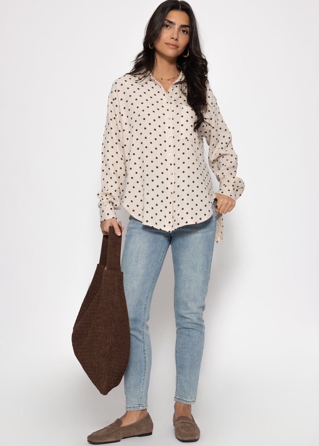 Oversized Muslin Blouse with Brown Dots - Beige