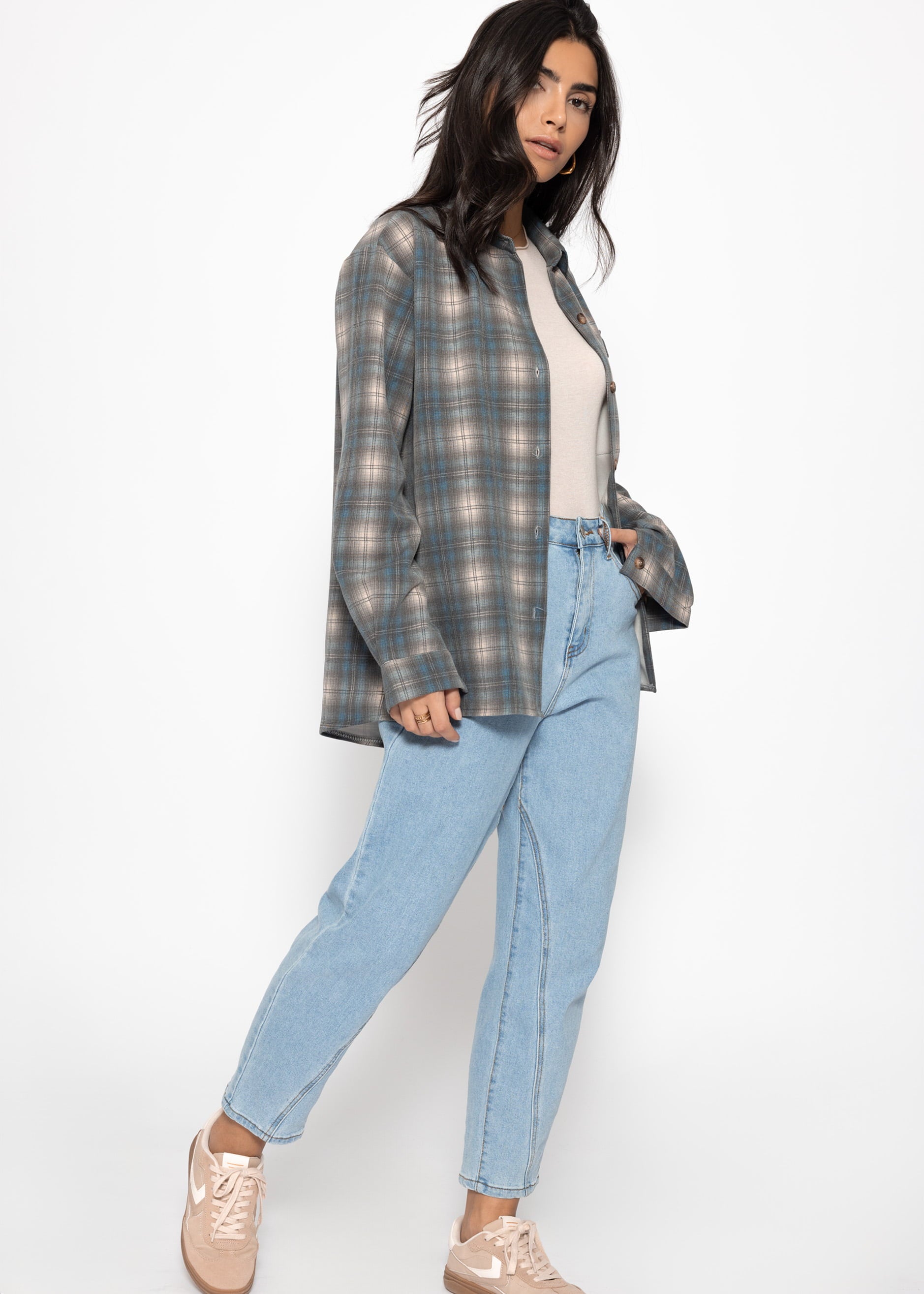 Oversized checked shirt blouse - gray