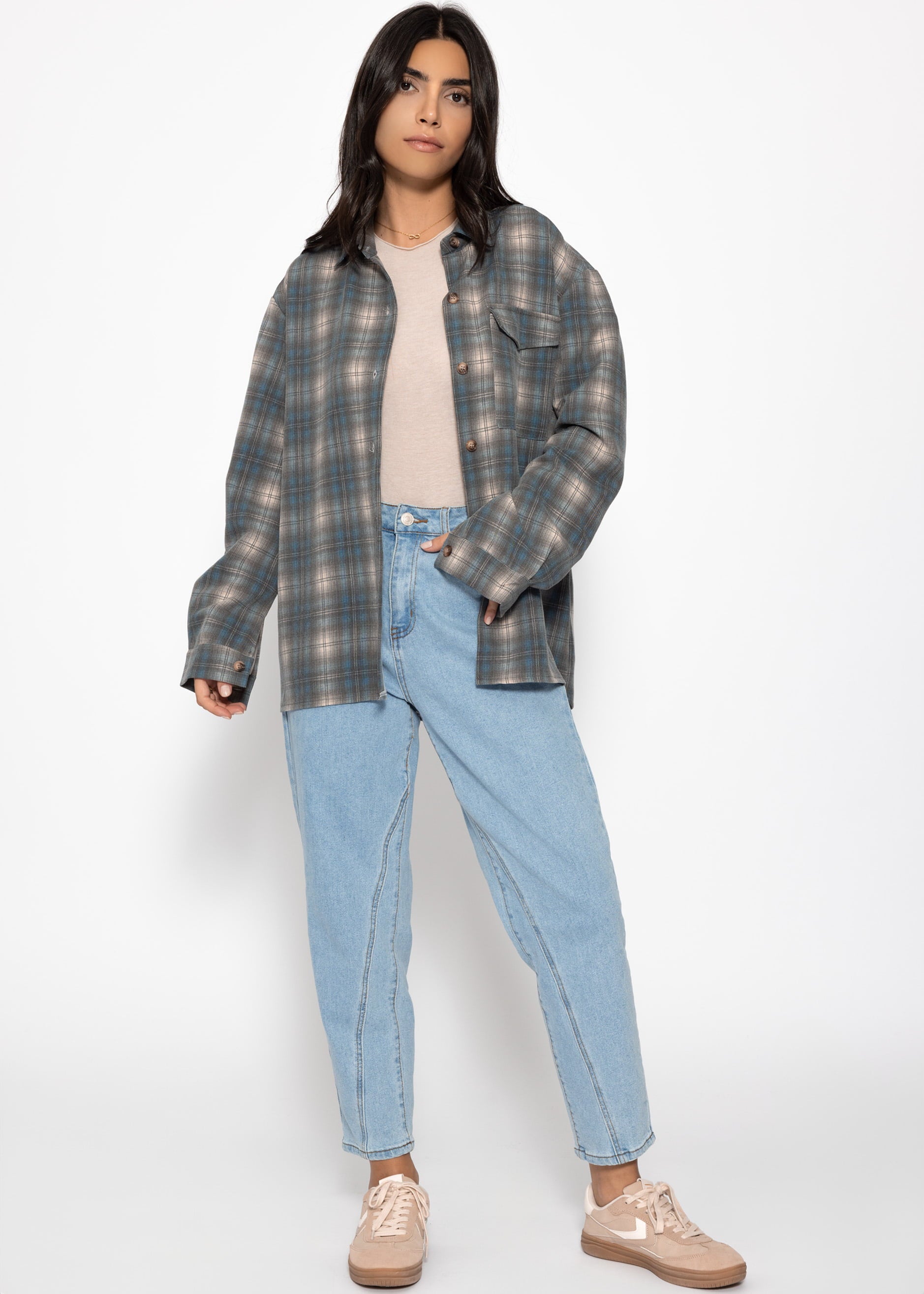 Oversized checked shirt blouse - gray