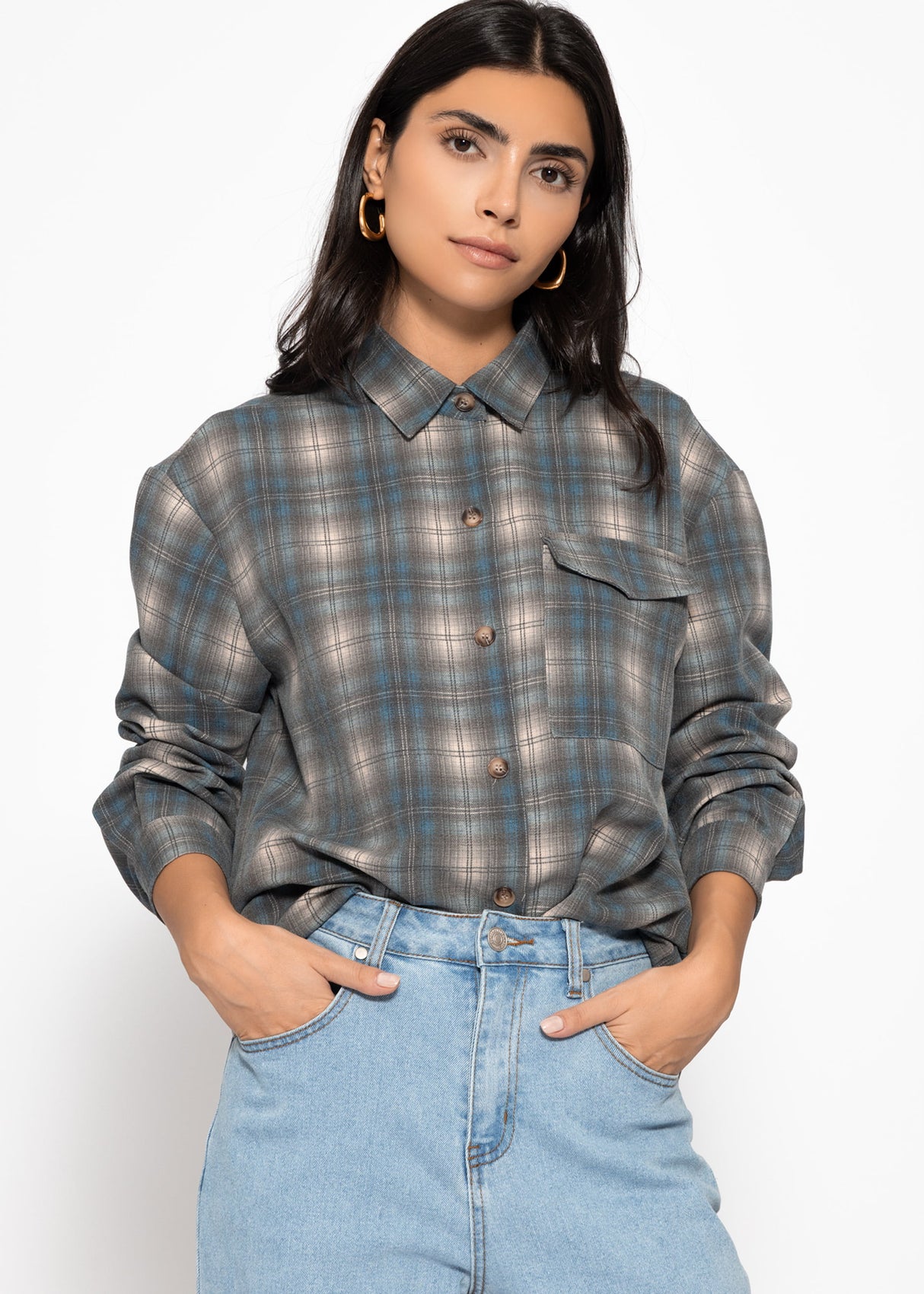 Oversized checked shirt blouse - gray