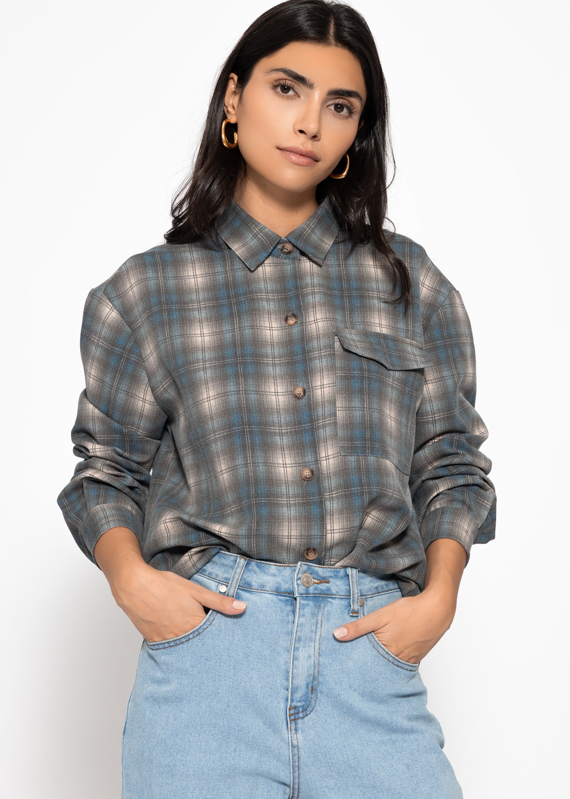 Oversized checked shirt blouse - gray