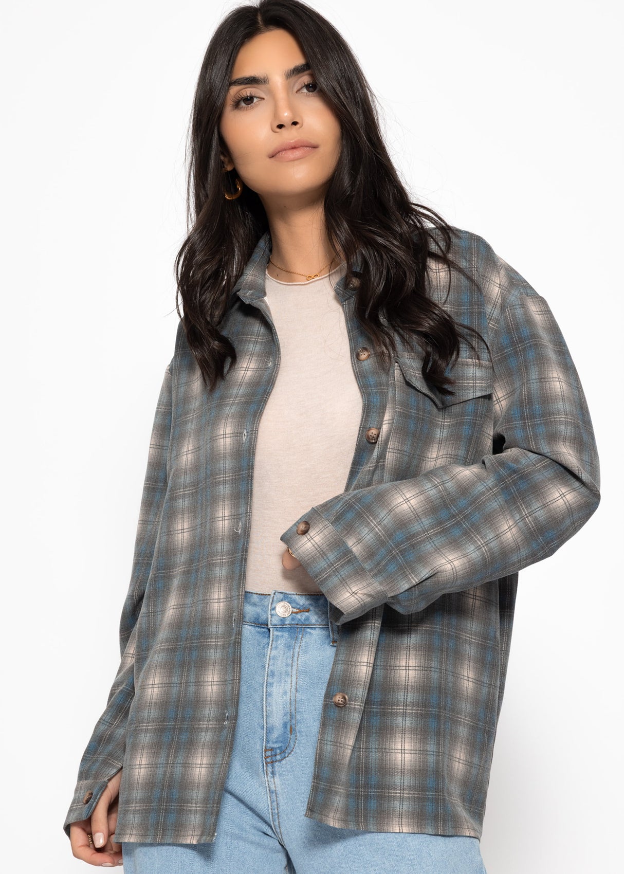 Oversized checked shirt blouse - gray