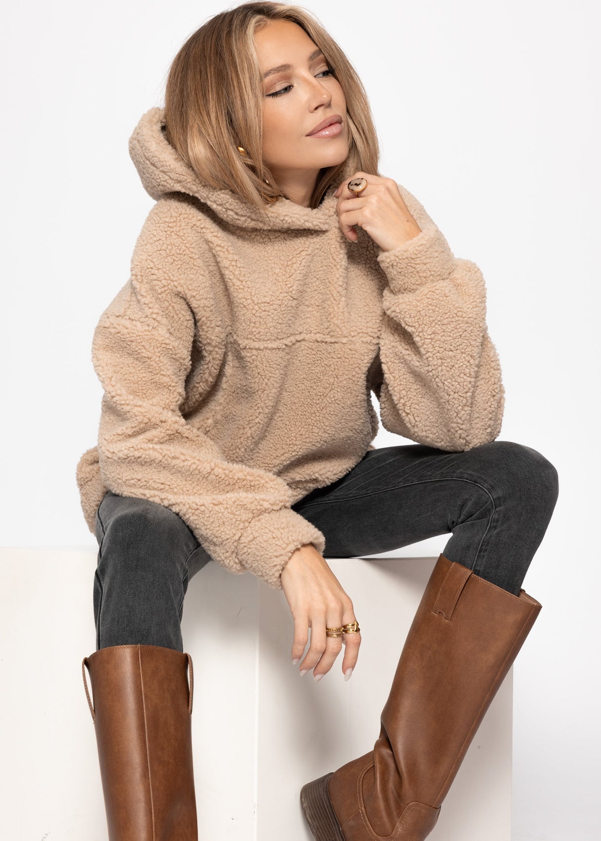 Oversized teddy hoodie - beige