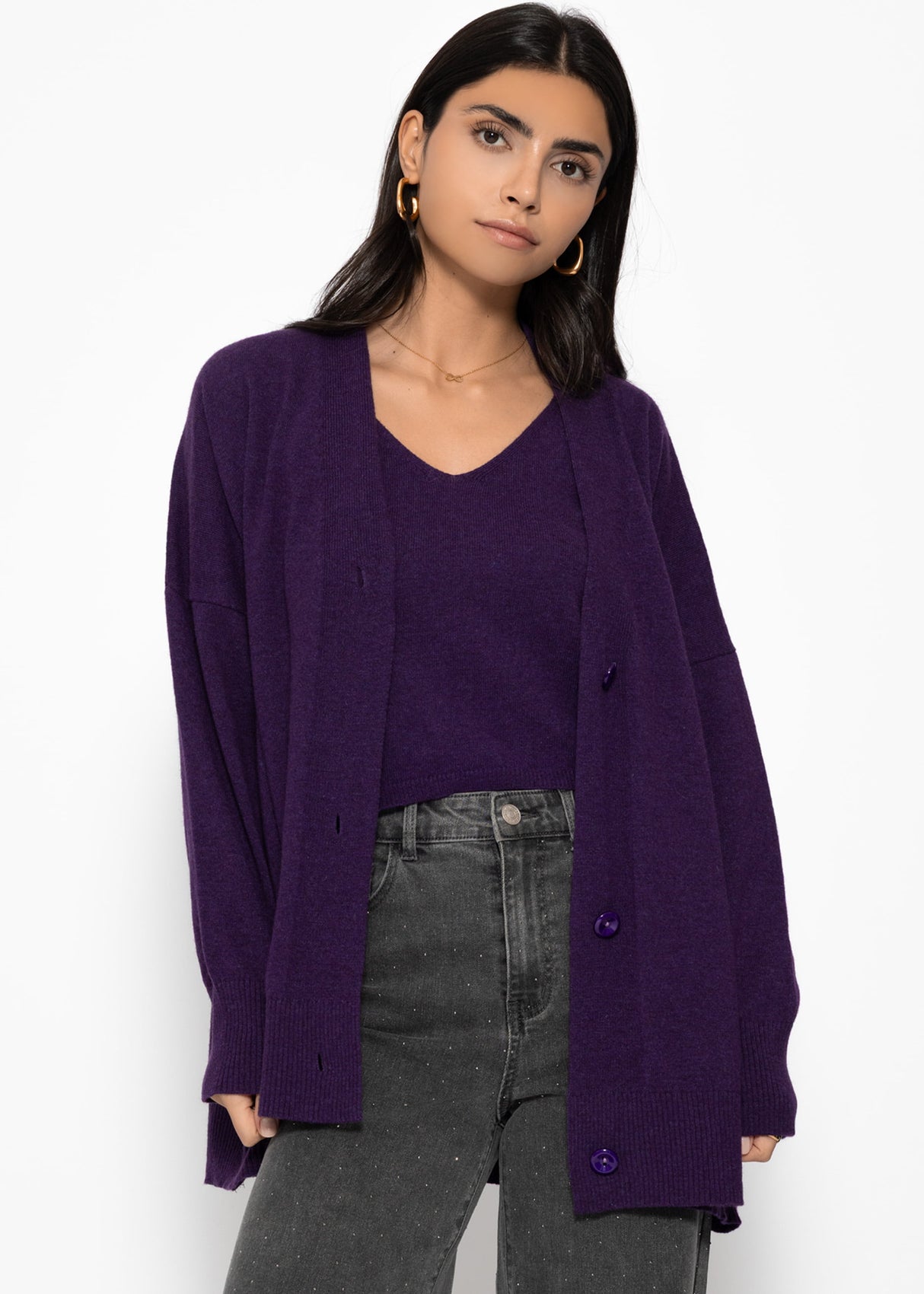 Oversized Cardigan mit V-Ausschnitt und Kaschmiranteil - lila