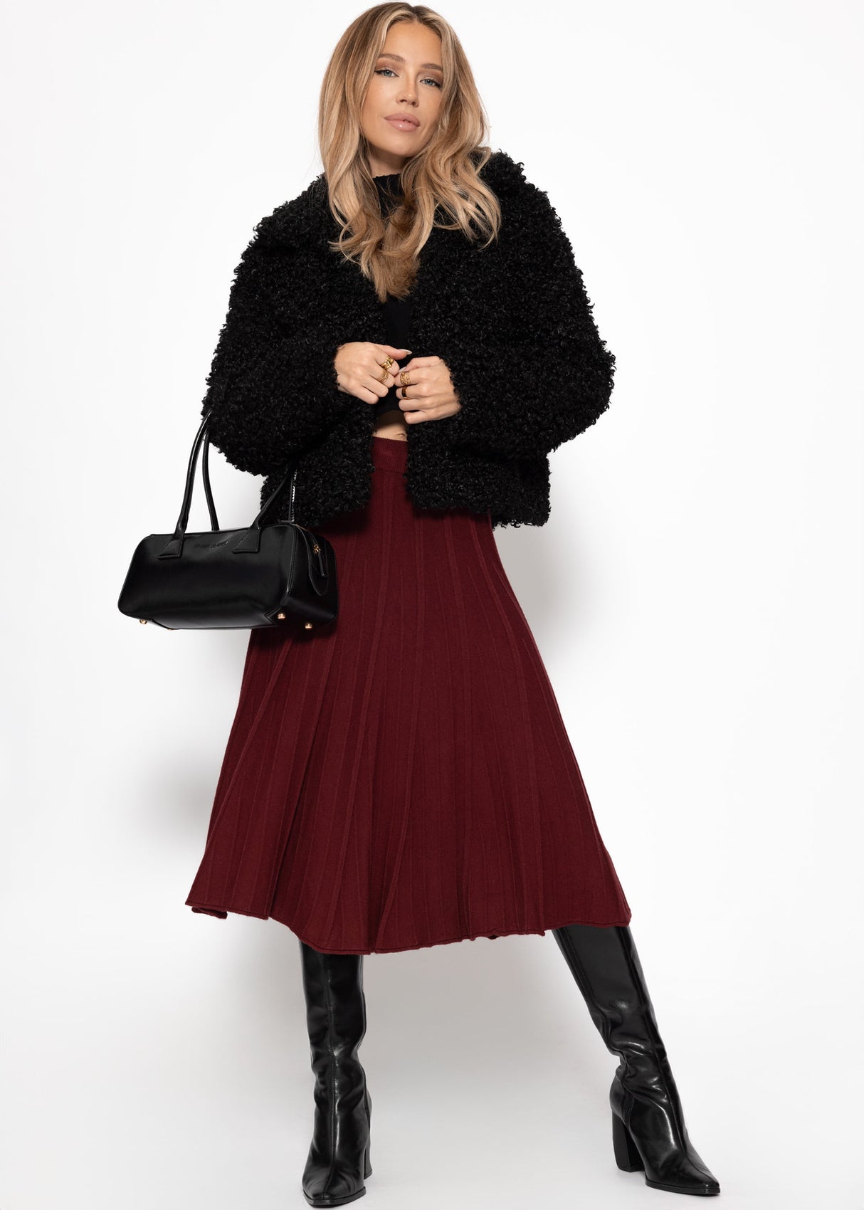 Pleated knit midi skirt - burgundy
