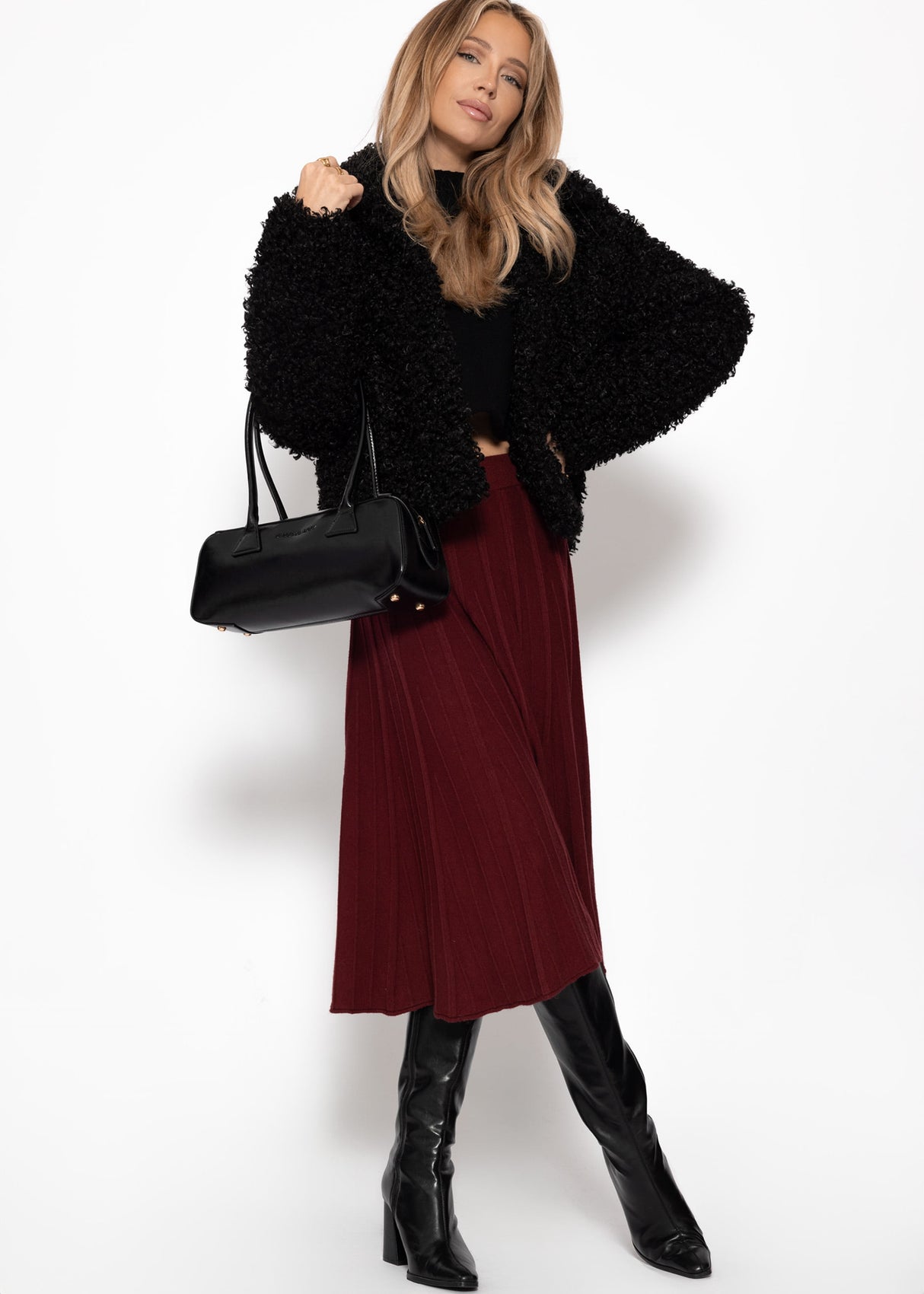 Pleated knit midi skirt - burgundy