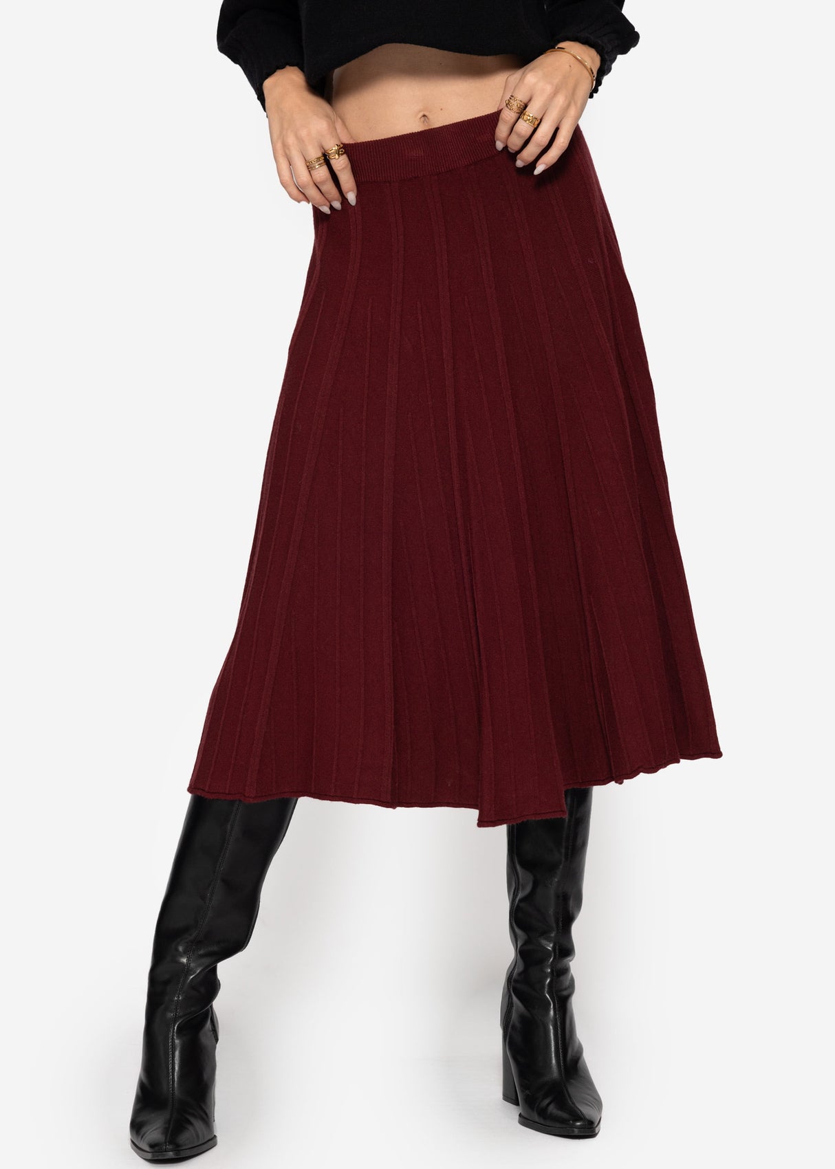 Pleated knit midi skirt - burgundy