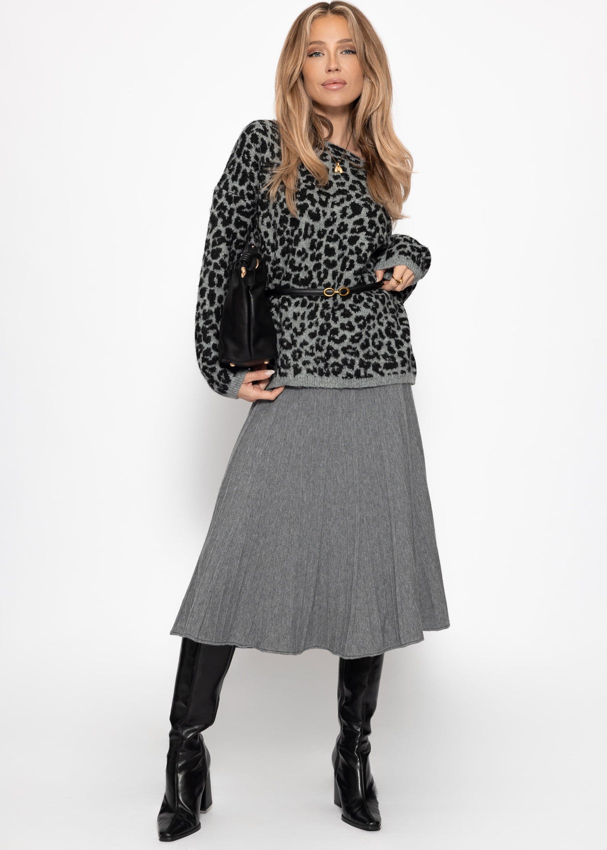 Pleated knit midi skirt - grey