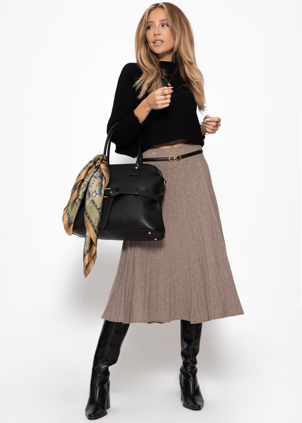 Pleated knit midi skirt - taupe