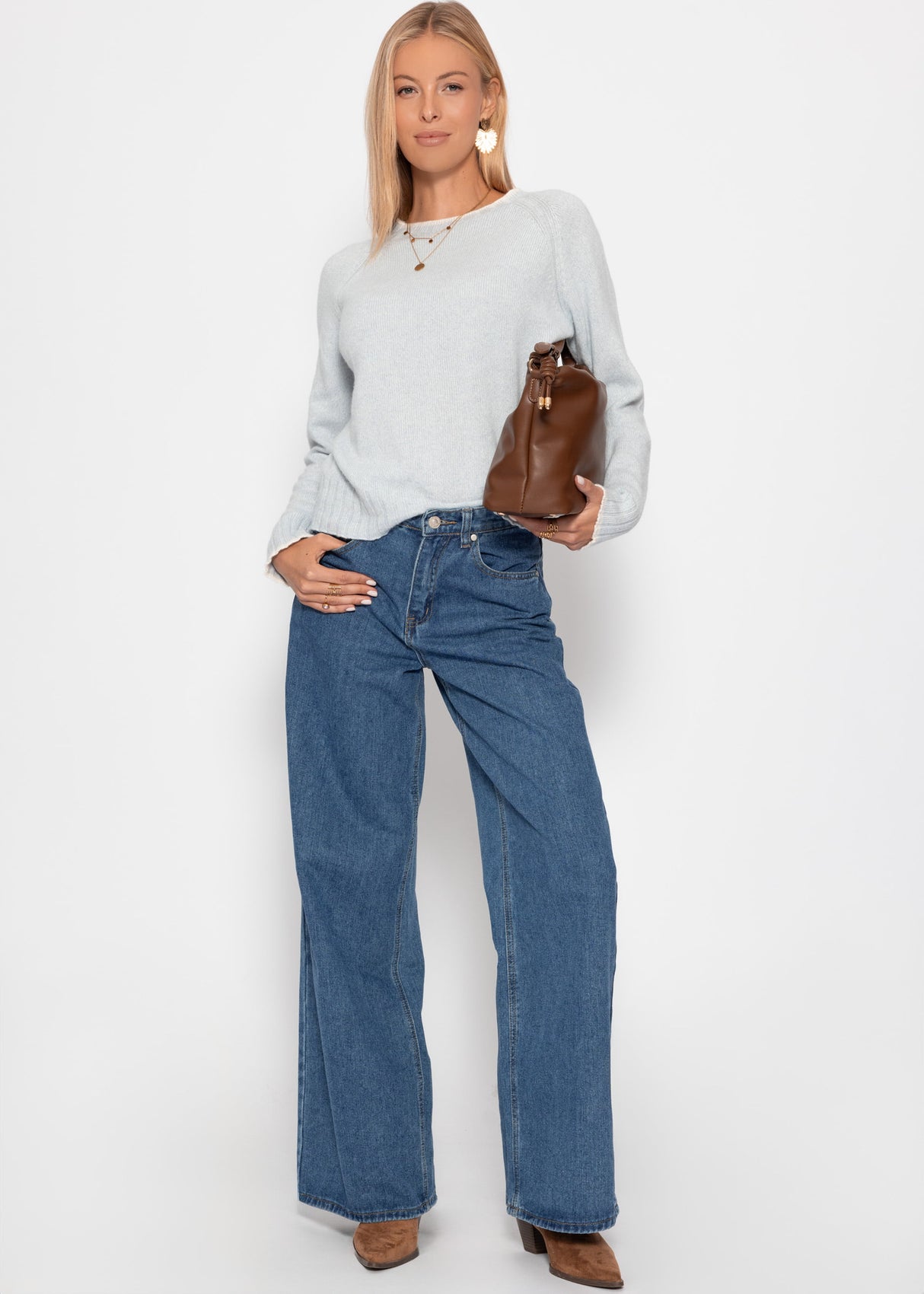 Pullover mit Kontrastblenden und Kaschmiranteil - hellblau