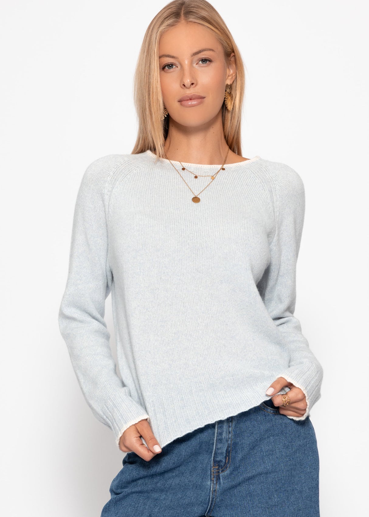 Pullover mit Kontrastblenden und Kaschmiranteil - hellblau