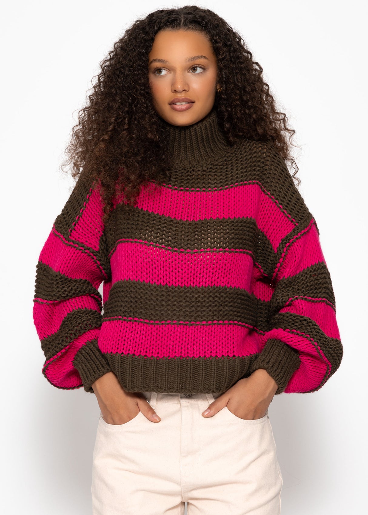 Turtleneck sweater with stripes, khaki-pink