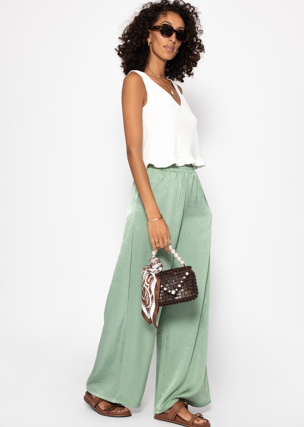Satin pants with wide leg - pistachio green