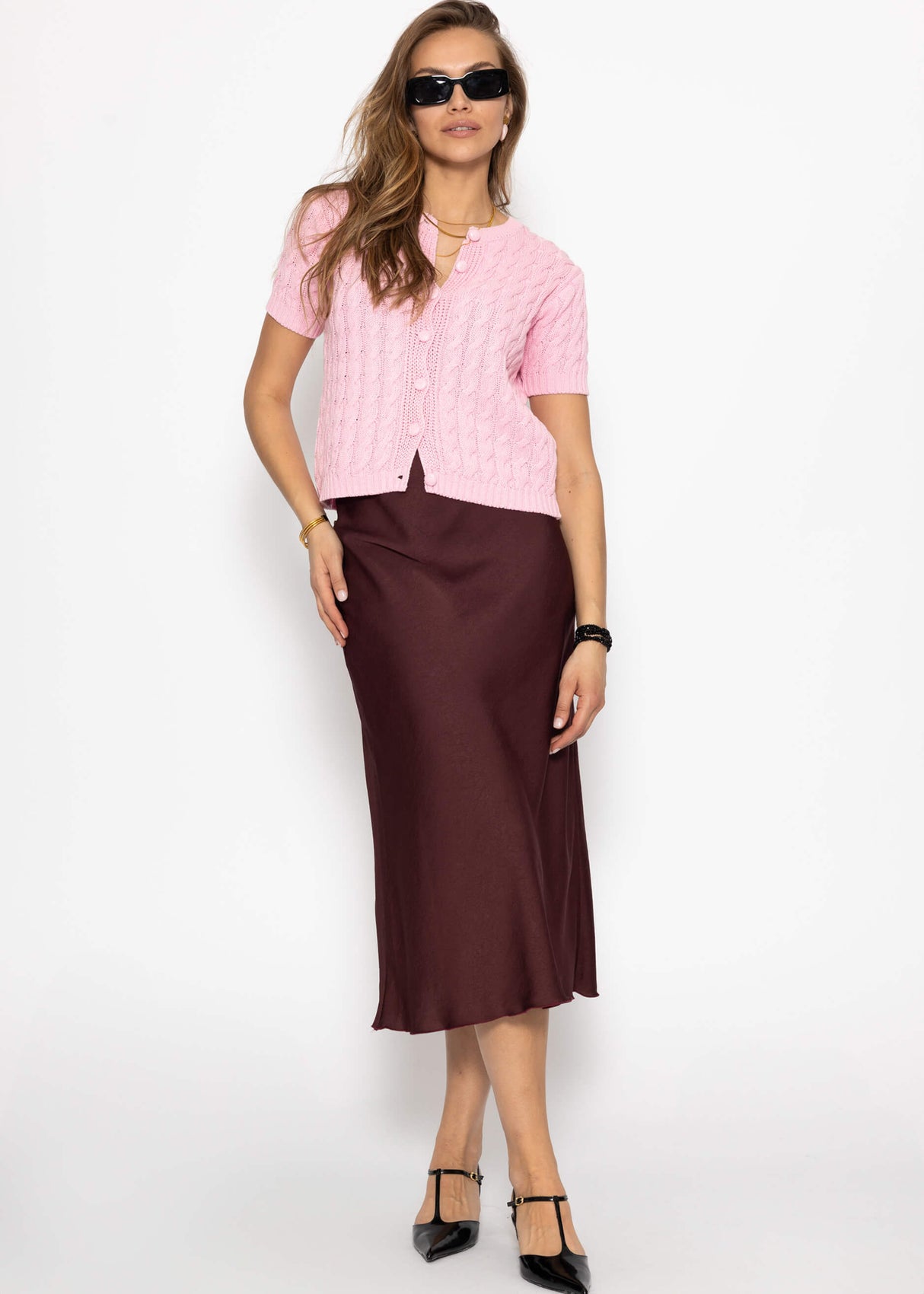 Satin skirt in crash look - burgundy