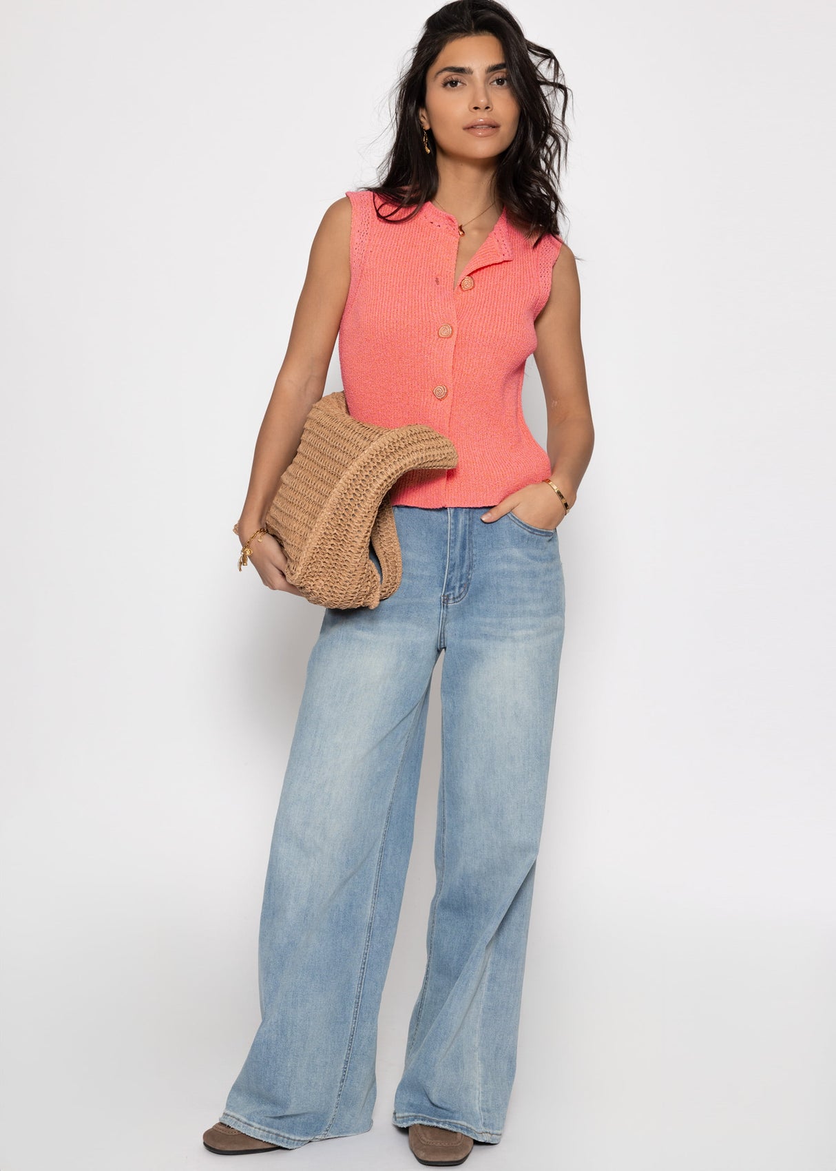Knit top with shell buttons - coral