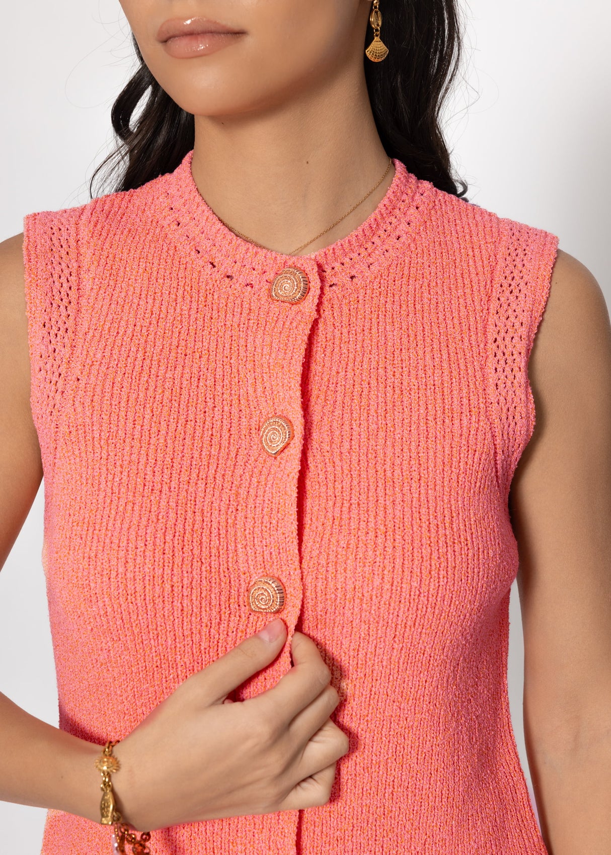 Knit top with shell buttons - coral