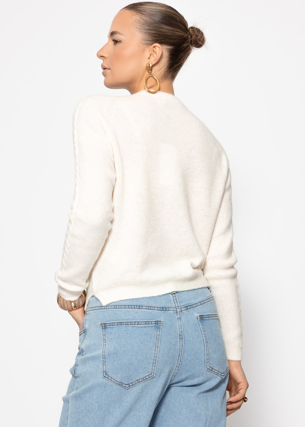 Strickpullover mit Zopfmuster-Detail - offwhite