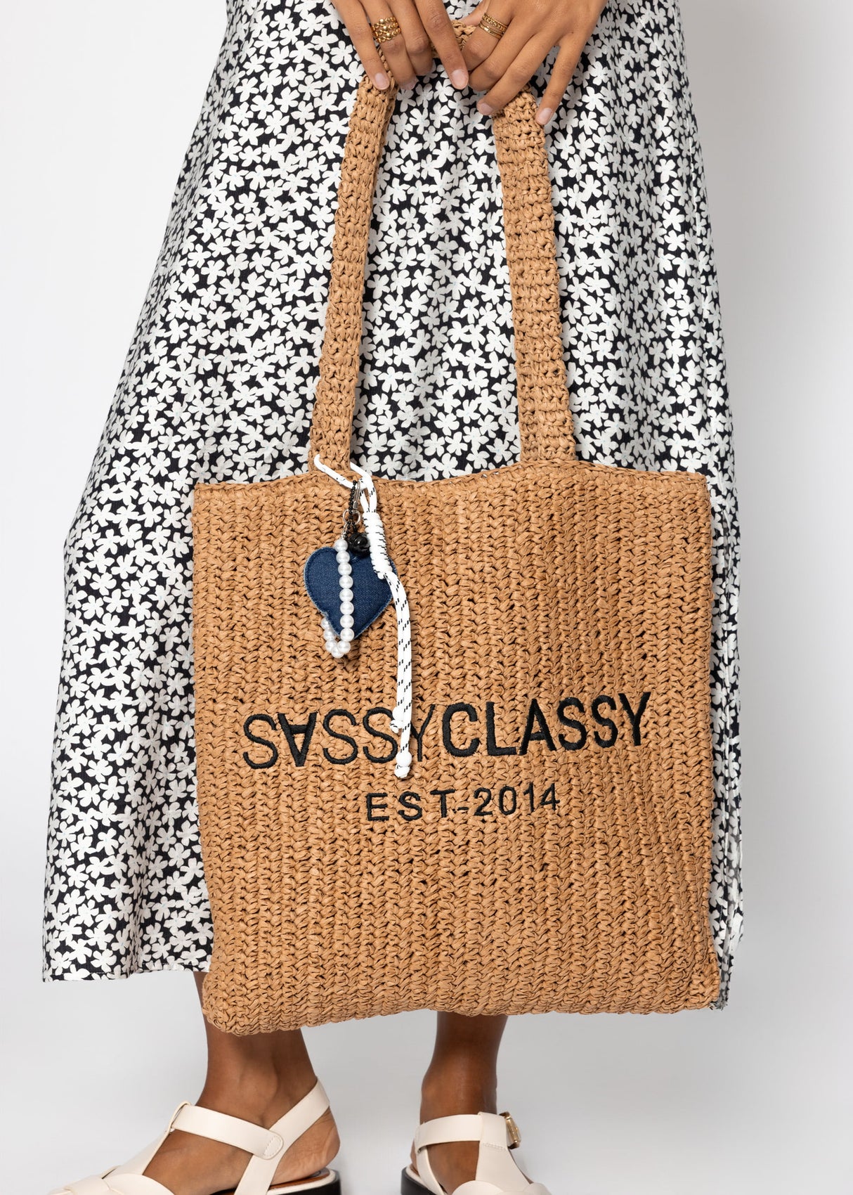 Taschenanhänger Jeans Herz mit Perlen - blau