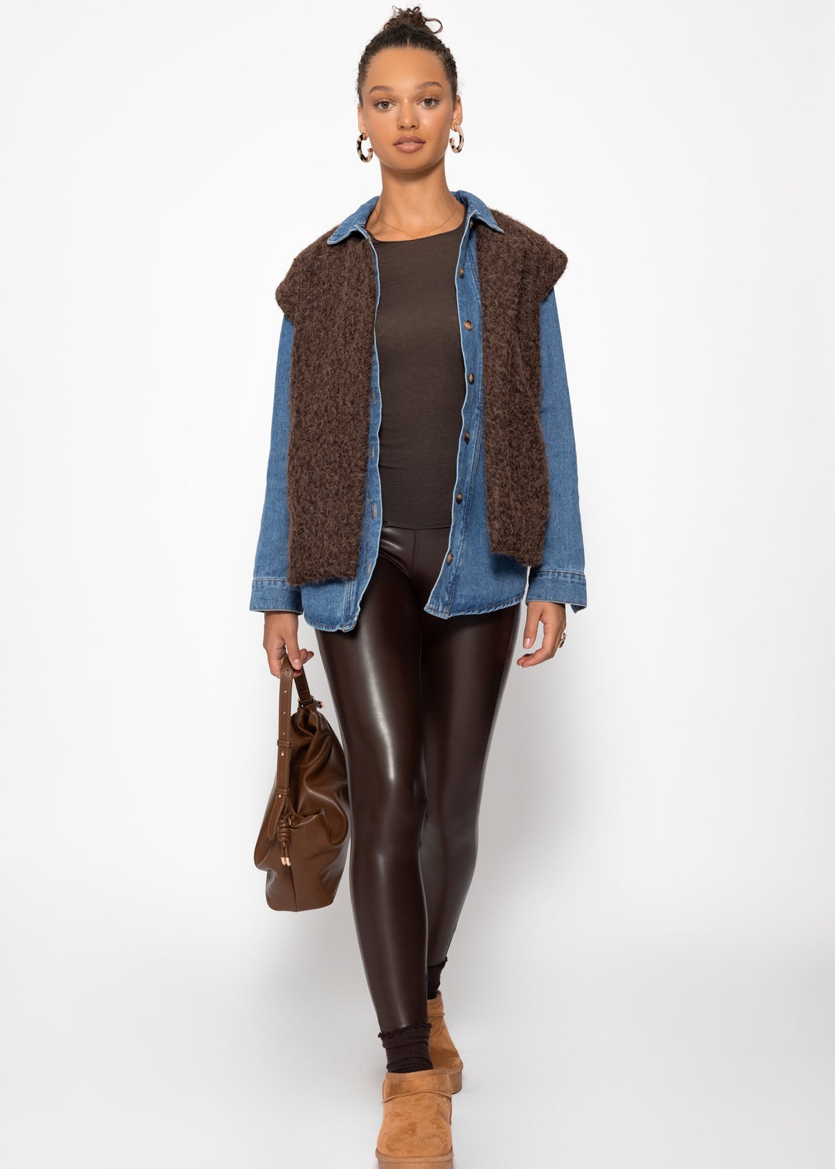 Thermo Lederleggings mit aufgesetzten Taschen, dunkelbraun