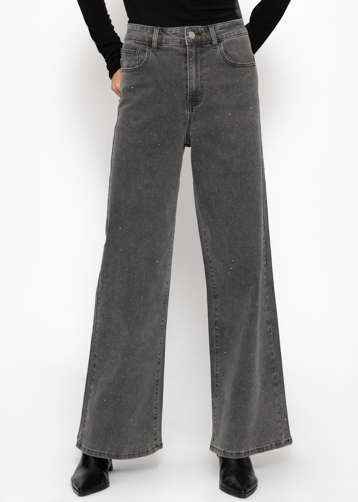 Wide Leg Jeans mit Strasssteinen - dunkelgrau