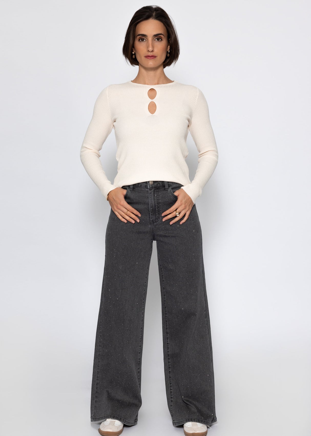 Wide Leg Jeans mit Strasssteinen - dunkelgrau