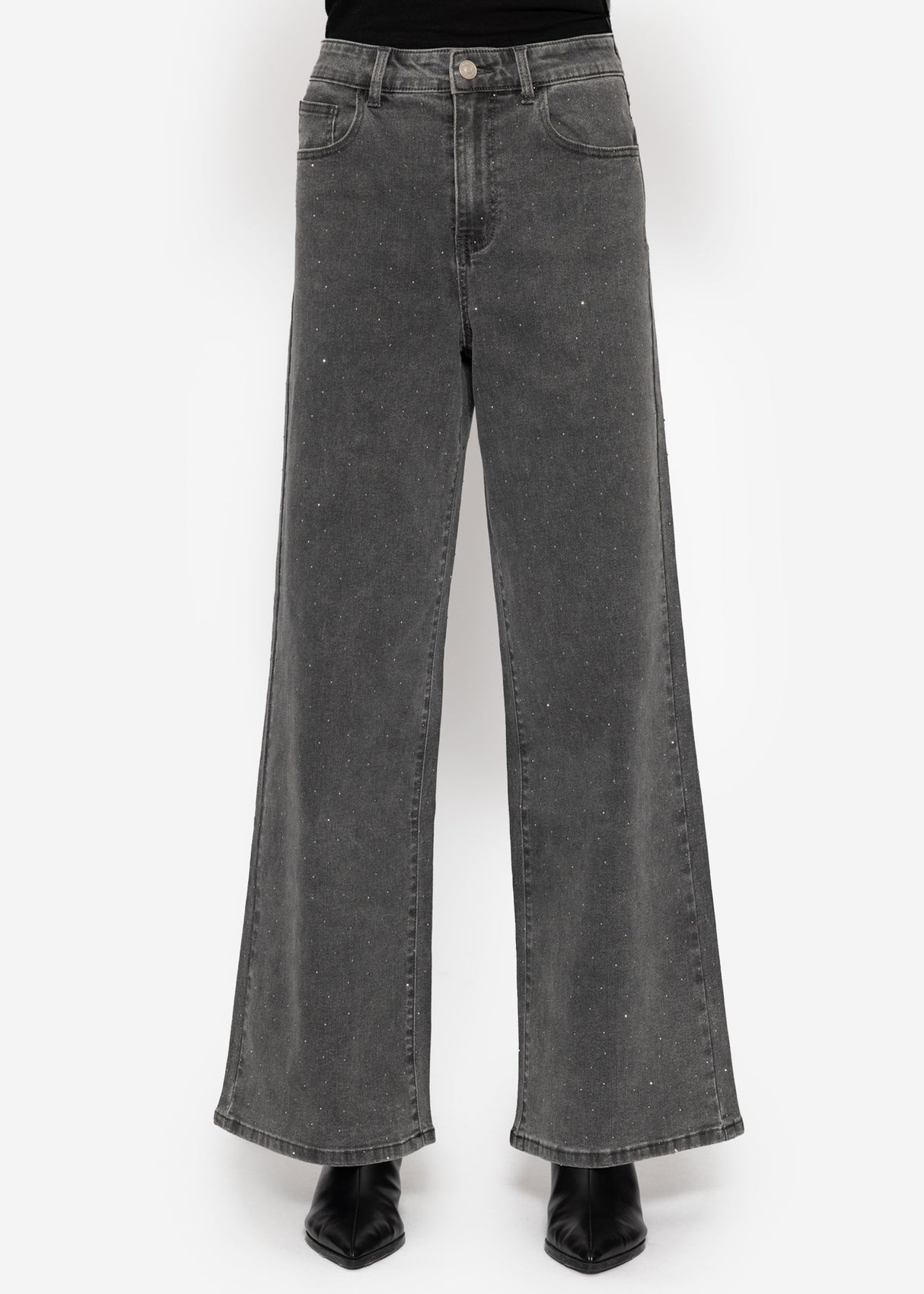 Wide Leg Jeans mit Strasssteinen - dunkelgrau