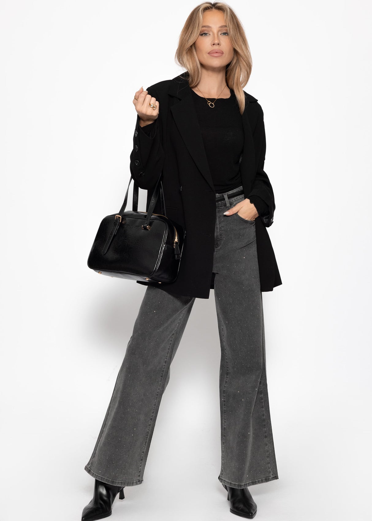 Wide Leg Jeans mit Strasssteinen - dunkelgrau