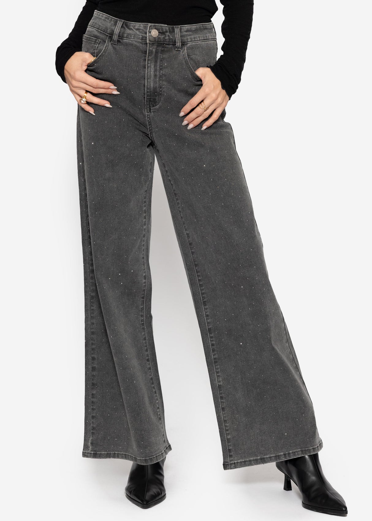 Wide Leg Jeans mit Strasssteinen - dunkelgrau