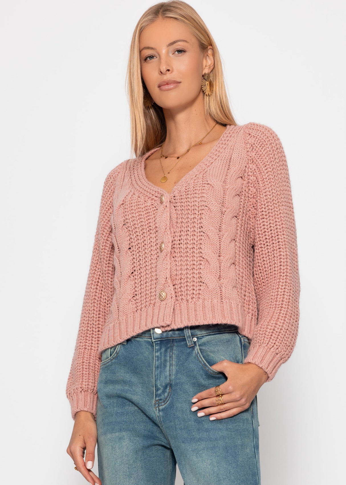 Zopfstrick-Cardigan mit Knopfleiste - rosa