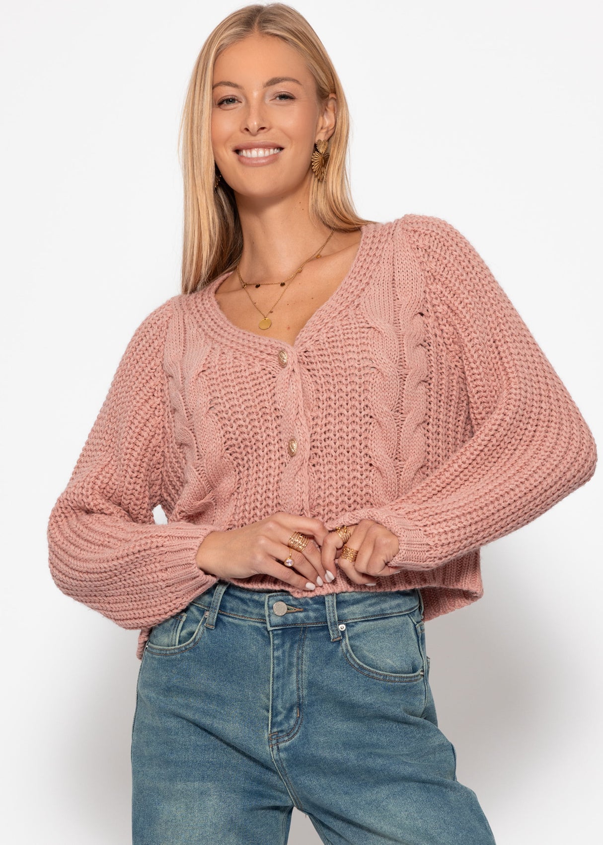 Zopfstrick-Cardigan mit Knopfleiste - rosa