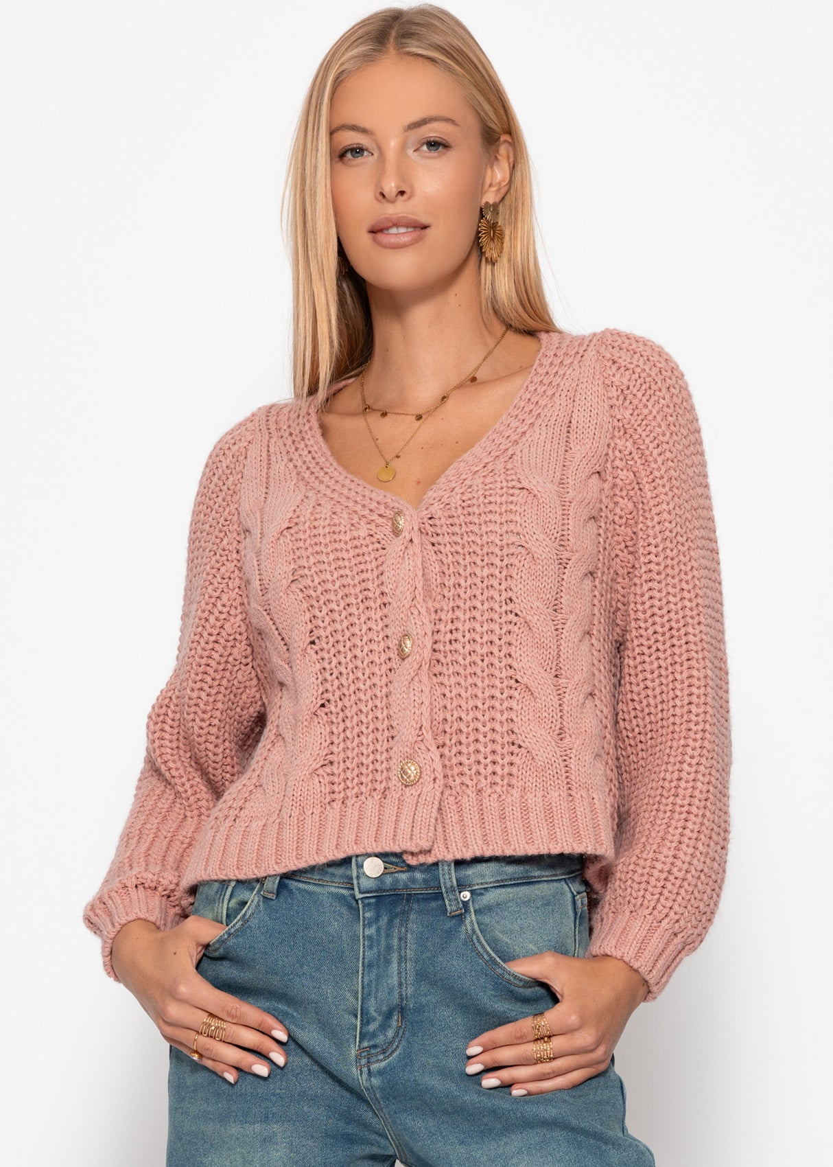 Zopfstrick-Cardigan mit Knopfleiste - rosa