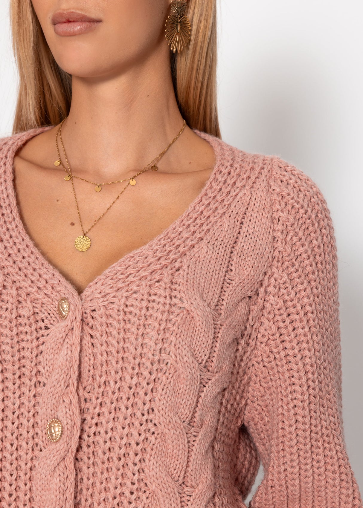 Zopfstrick-Cardigan mit Knopfleiste - rosa