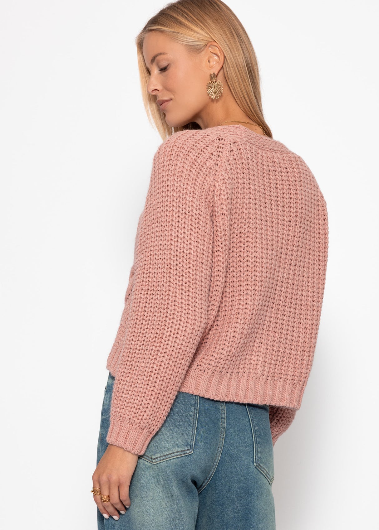 Zopfstrick-Cardigan mit Knopfleiste - rosa