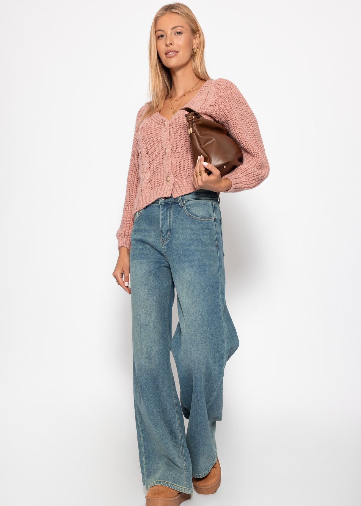 Zopfstrick-Cardigan mit Knopfleiste - rosa