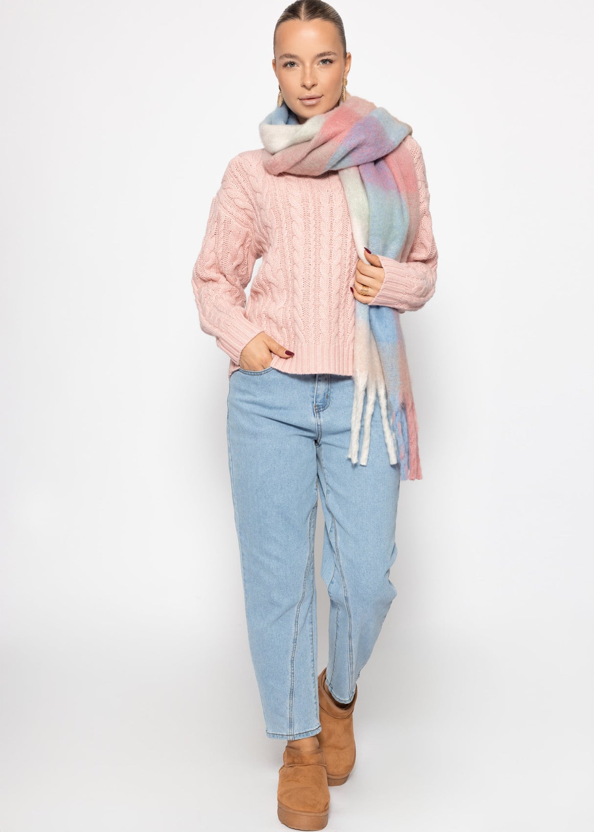 Cold rope sweater with V -neck - pink