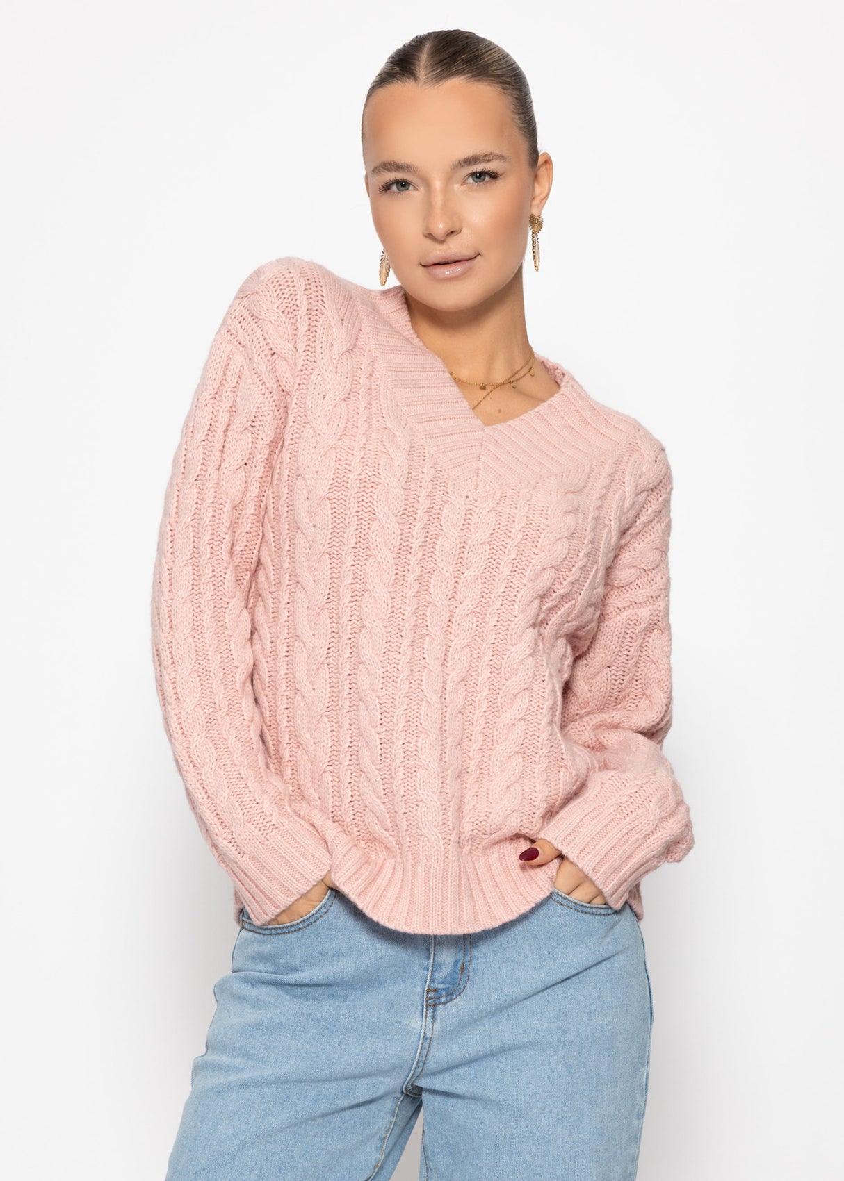 Cold rope sweater with V -neck - pink