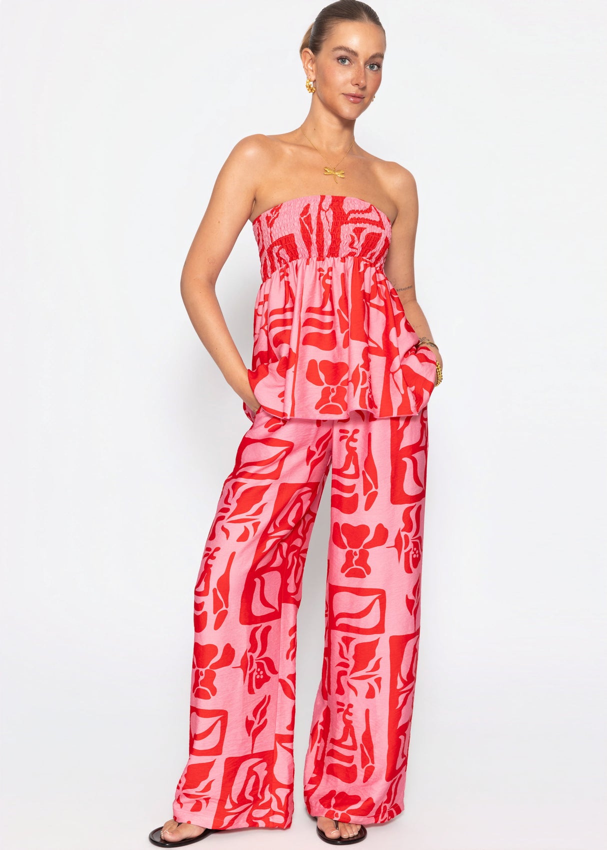 Bandeau Top mit Kunstprint - pink-rot