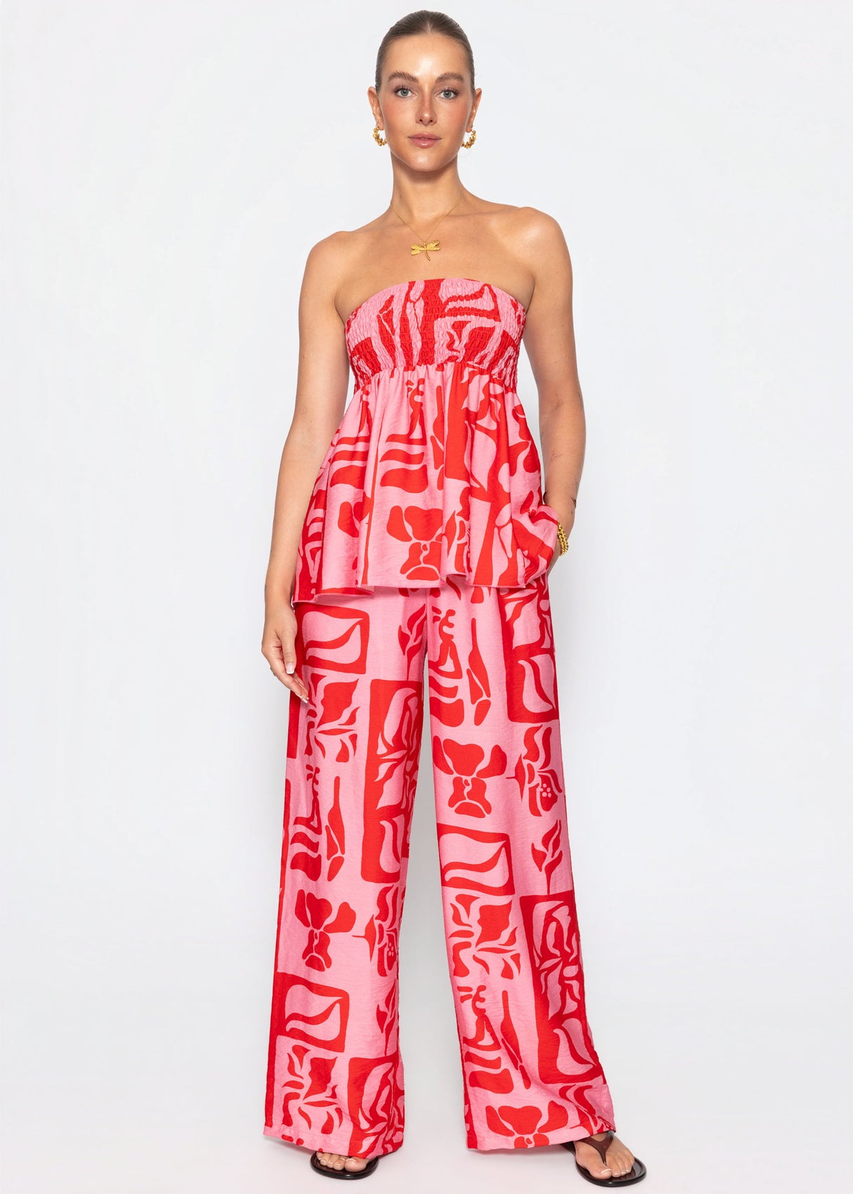 Bandeau Top mit Kunstprint - pink-rot