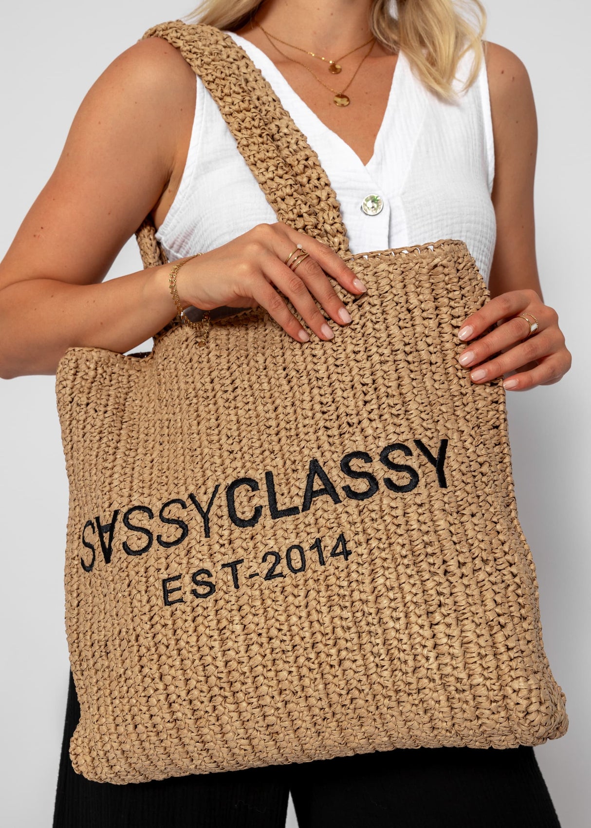 Raffia shopper with logo - beige