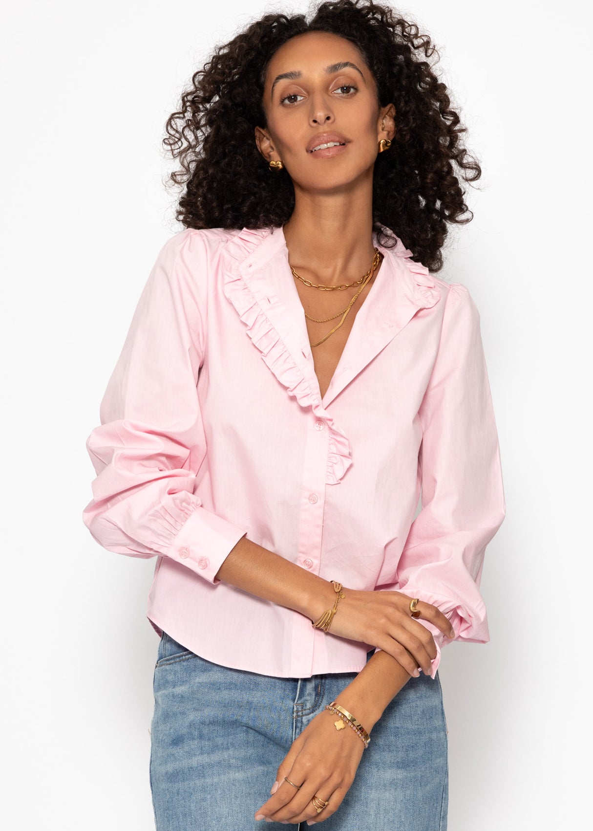 Baumwoll Bluse mit Rüschen - rosa